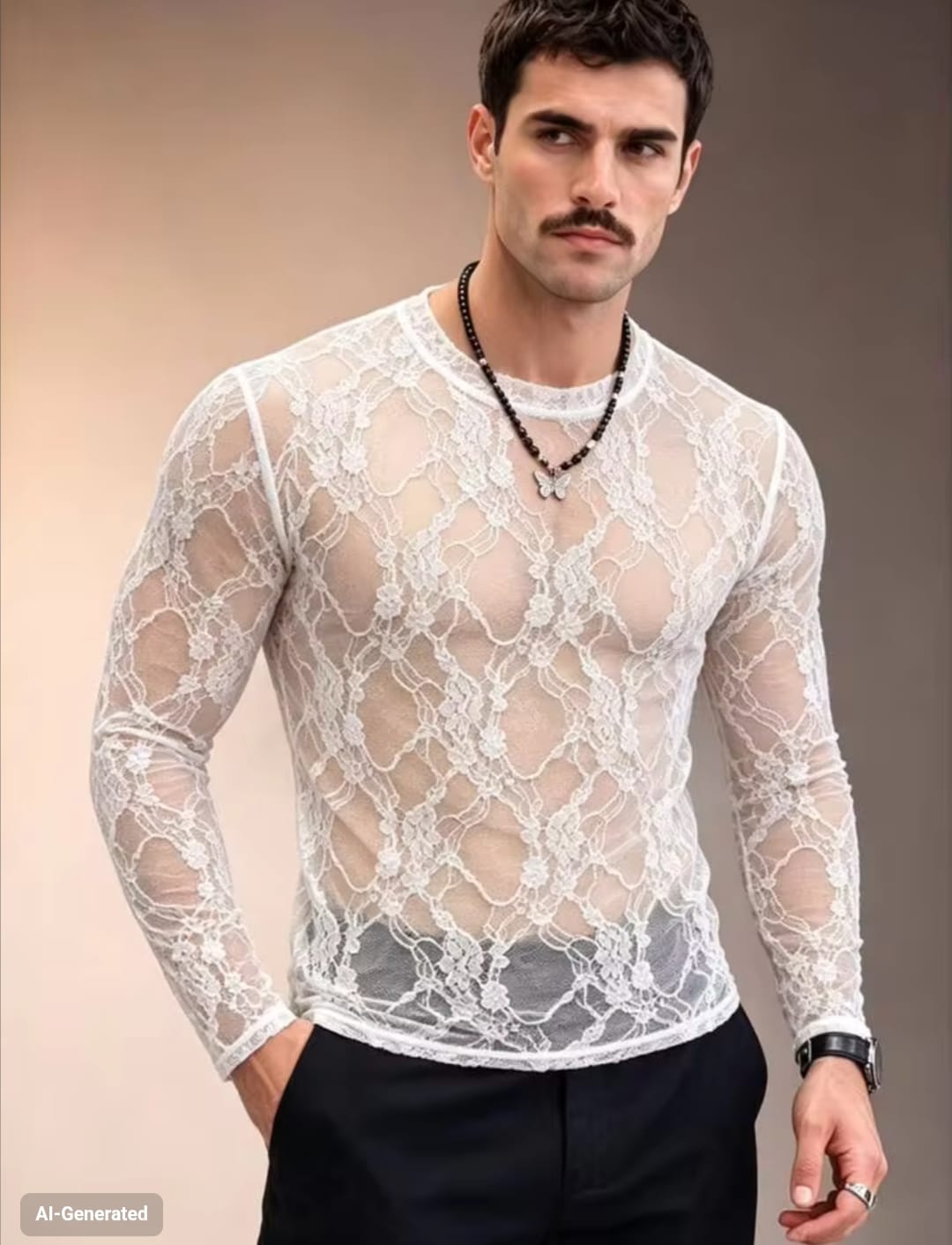 Men's High-Stretch Sheer Floral Lace Crewneck Long Sleeve Fitted T-Shirt